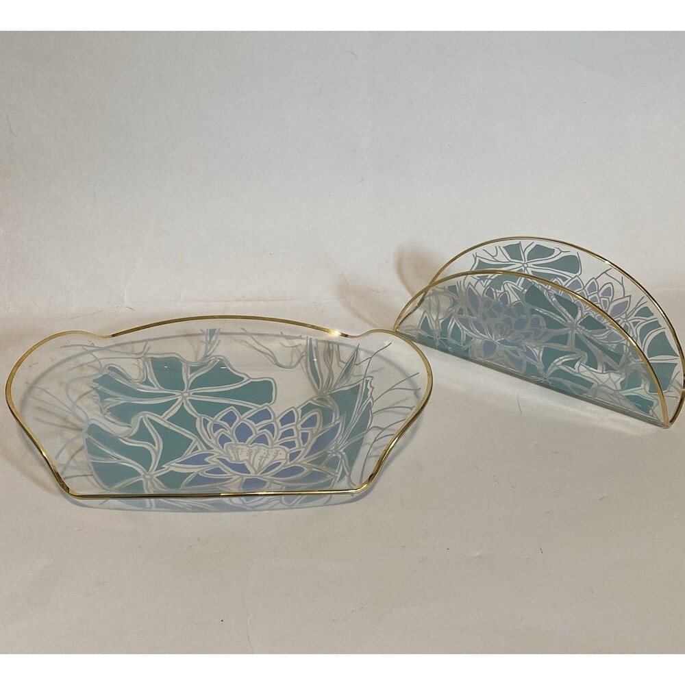 VTG MCM Lausitzer Bent Thermoform Glass Napkin/Letter Holder & Dish Blue Lotus